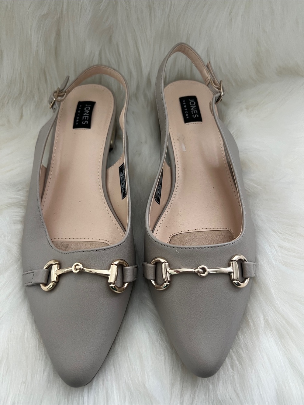 Jones New York Taupe Gray Pointed Toe Slingback Flats with Gold Bit